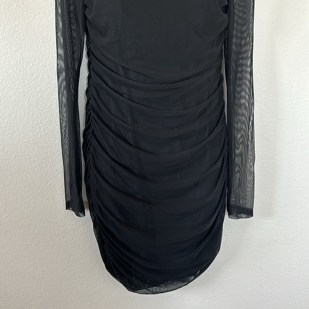 Princess Polly Charvi Black Mesh Long Sleeve Square Neck Ruched Mini Dress - Picture 6 of 11
